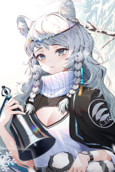 Rule 34 | 1girl, absurdres, animal ear fluff, animal ears, arknights, bad id, bad pixiv id, bell, black cape, braid, breasts, cape, cleavage, commentary, dress, grey eyes, head chain, highres, holding, holding bell, jewelry, leopard ears, long hair, looking at viewer, pramanix (arknights), refla, silver hair, solo, turtleneck, turtleneck dress, twin braids, upper body, white dress