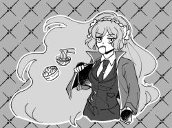 Rule 34 | 1girl, baozi, batjul no08, bow, collared shirt, fingerless gloves, food, gloves, hair bow, hairband, ishmael (project moon), jacket, limbus company, long hair, long sleeves, looking at viewer, mouth hold, necktie, noodles, pants, project moon, shirt, sidelocks, solo, tie clip, very long hair, vest