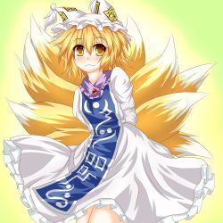 Rule 34 | 1girl, :3, arms behind back, bad id, bad pixiv id, blonde hair, female focus, fox tail, hat, kmkm9696, multiple tails, short hair, solo, tabard, tail, touhou, yakumo ran, yellow eyes