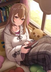 Rule 34 | 1girl, ahoge, berry, black choker, book, bookshelf, brown eyes, brown hair, brown hoodie, brown skirt, choker, couch, earrings, erezu, flower, friend (nanashi mumei), from above, highres, holding, holding book, hololive, hololive english, hood, hoodie, hootsie (nanashi mumei), jewelry, long hair, long skirt, looking at viewer, multicolored hair, nail polish, nanashi mumei, nanashi mumei (casual), necklace, objectification, official alternate costume, oversized clothes, pillow, plaid, plaid skirt, pleated skirt, red shirt, runes, shirt, skirt, sleeves past wrists, smile, streaked hair, stuffed toy, sweater, virtual youtuber, white sweater, window