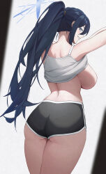 Rule 34 | 1girl, absurdres, ass, black shorts, blue archive, blue eyes, blue hair, breasts, breasts out, from behind, hairband, highres, kokucho, long hair, looking at viewer, ponytail, saori (blue archive), shirt, shorts, simple background, sleeveless, solo, undressing, white background, white shirt