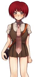 Rule 34 | 1girl, arms at sides, bag, blush, breasts, closed mouth, collared shirt, danganronpa (series), danganronpa 2: goodbye despair, freckles, green skirt, grey eyes, grey shirt, highres, holding, holding bag, koizumi mahiru, kun (oxx kn xxo), large breasts, looking at viewer, miniskirt, necktie, plaid necktie, pleated skirt, red hair, shirt, short hair, short sleeves, shoulder bag, simple background, skirt, solo, white background