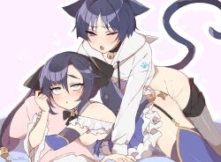 Rule 34 | 1boy, 1girl, alternate costume, animal ears, black ribbon, blue hair, blush, breasts, cat boy, cat ears, cat tail, commentary, english commentary, frills, garter straps, genshin impact, hair between eyes, hair ribbon, hetero, hugging object, long sleeves, lying, mona (genshin impact), nipples, on stomach, open mouth, pillow, pillow hug, purple eyes, purple hair, rabbit ears, rabbit girl, ribbon, rolling eyes, scaramouche (genshin impact), second-party source, sex, sex from behind, small breasts, tail, thighhighs, twitter username, wai1010
