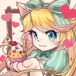 Rule 34 | 1girl, alice (cat busters), artist request, blonde hair, blue eyes, cat, cat busters, cupcake, food, furry, furry female, hair ribbon, long hair, ribbon, smile, solo