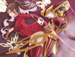 Rule 34 | 2girls, armor, bodysuit, book, bookshelf, bow, braid, breastplate, breasts, brown hair, bug, cycloneactionx, dress, driver (kamen rider), dual persona, earrings, elbow gloves, gloves, glowing, glowing eyes, gold armor, helmet, highres, holding, holding weapon, horns, jewelry, kamen rider, kamen rider sabela, kamen rider saber (series), knight, library, long coat, long hair, looking at viewer, medium breasts, multiple girls, pantyhose, ponytail, rapier, red eyes, rider belt, sheath, shindai reika, short hair, single horn, smile, smoke, solo, steampunk, sword, thighhighs, thighs, tokusatsu, twitter username, upper body, weapon, white bodysuit, white gloves, wrist cuffs