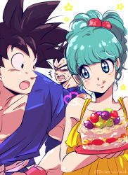 Rule 34 | 1girl, 2boys, :o, :p, bare shoulders, black eyes, black hair, blue eyes, blue hair, bra (dragon ball), cake, dougi, dragon ball, dress, father and daughter, food, looking at another, miiko (drops7), multiple boys, open mouth, ponytail, smile, son goku, spiked hair, star (symbol), surprised, sweatdrop, tongue, tongue out, twitter username, vegeta, wristband, yellow dress
