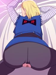 Rule 34 | 1girl, android 18, anus, ass, back, bed, blonde hair, censored, dragon ball, dragonball z, earrings, engawa suguru, from behind, highres, huge ass, jacket, jewelry, legs, mosaic censoring, no panties, pussy, short hair, skirt, solo, sweat, thighs, top-down bottom-up, torn clothes