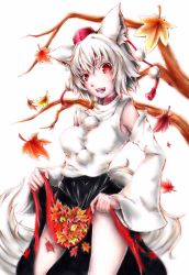 Rule 34 | 1girl, animal ears, autumn leaves, bare shoulders, breasts, detached sleeves, garyuu ryuuga, happy, hat, highres, inubashiri momiji, leaf, looking at viewer, open mouth, pom pom (clothes), red eyes, short hair, silver hair, simple background, solo, tail, tokin hat, touhou, tree, white background, wolf ears, wolf tail
