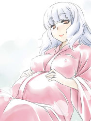 Rule 34 | 10s, 1girl, aged up, blush, breasts, hakkai, highres, jewelry, kantai collection, large breasts, long hair, looking at viewer, murakumo (kancolle), pregnant, ring, robe, short eyebrows, silver hair, smile, solo, wedding band