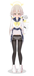 Rule 34 | 1girl, backpack, bag, black pantyhose, black sailor collar, black skirt, blonde dog girl (ri-net), blue archive, blush, brown eyes, brown hair, character watermark, closed mouth, clothes lift, full body, hair between eyes, halo, hifumi (blue archive), highres, lifted by self, looking at viewer, low twintails, nose blush, panties, pantyhose, peroro (blue archive), ri-net, sailor collar, school uniform, serafuku, shadow, shoes, simple background, skirt, skirt lift, solo, standing, thighband pantyhose, twintails, underwear, white background, white footwear, white panties
