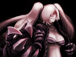 Rule 34 | 10s, 1girl, abyssal ship, bikini, bikini top only, black background, black bikini, chaimi, claws, foreshortening, hair over one eye, highres, jacket, kantai collection, leather, leather jacket, long hair, looking at viewer, mechanical arms, midriff, open clothes, open jacket, pale skin, red eyes, simple background, solo, southern ocean oni, swimsuit, twintails, very long hair, white hair, zipper
