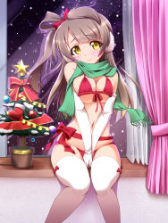 Rule 34 | 10s, 1girl, bikini, blush, bow, breasts, breasts squeezed together, brown hair, christmas, christmas tree, earmuffs, elbow gloves, front-tie top, gloves, hair bow, highres, large breasts, long hair, looking at viewer, love live!, love live! school idol project, minami kotori, navel, nekono matatabi, red bikini, scarf, side ponytail, sitting, skindentation, smile, solo, swimsuit, thighhighs, v arms, white gloves, white thighhighs, yellow eyes