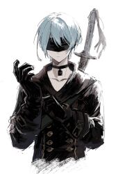 Rule 34 | 1boy, adjusting clothes, adjusting gloves, black blindfold, black choker, black gloves, blindfold, choker, closed mouth, commentary request, gloves, highres, male focus, nier (series), nier:automata, short hair, simple background, solo, sword, upper body, weapon, white background, white hair, yng z, 9s (nier:automata)