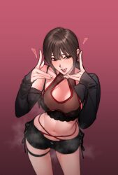 Rule 34 | 1girl, bikini, bikini under clothes, bra, brown eyes, brown hair, cleavage cutout, clothing cutout, detached sleeves, frilled bra, frills, from above, heart, k52, original, short shorts, shorts, solo, swimsuit, tongue, tongue out, underwear