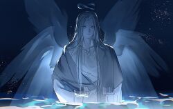 Rule 34 | 1boy, angel, angel wings, blue theme, chinese commentary, commentary request, dark, grey eyes, grey hair, highres, in water, infinity symbol, long hair, looking at viewer, lord of the mysteries, multiple wings, night, night sky, ouroboros (lord of the mysteries), robe, sketch, sky, solo, star (sky), starry sky, tianlihutong, water, white robe, wings
