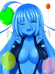 Rule 34 | 1girl, balloon, blue hair, blue skin, blush, breasts, cleavage, colored skin, closed eyes, highres, jumpsuit, long hair, medium breasts, monster girl, open clothes, open mouth, rethnick, slime girl, smile, solo, virtual youtuber