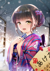 Rule 34 | 1girl, :d, bad id, bad pixiv id, bare tree, black hair, blurry, blurry background, blush, brown eyes, commentary request, depth of field, ema, floral print, hands up, happy new year, highres, japanese clothes, kimono, long sleeves, looking at viewer, new year, obi, open mouth, original, outdoors, print kimono, purple kimono, sash, sidelocks, smile, snow, snowing, solo, striped clothes, striped kimono, translation request, tree, upper body, vertical-striped clothes, vertical-striped kimono, wide sleeves, yan (nicknikg)