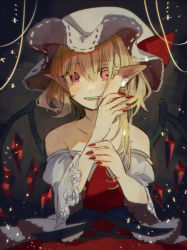 Rule 34 | 1girl, absurdres, adapted costume, alternate hairstyle, bare shoulders, blonde hair, blush, commentary request, crystal, dark background, dress, earrings, fangs, fingernails, flandre scarlet, hair ribbon, hands up, hat, highres, jewelry, long fingernails, long hair, looking at viewer, mob cap, nail polish, off-shoulder dress, off shoulder, open mouth, pink eyes, pointy ears, red dress, red nails, red ribbon, ribbon, shi chimi, short sleeves, smile, solo, star (symbol), star earrings, touhou, upper body, white hat, wings