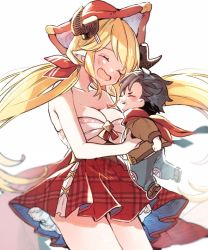 Rule 34 | 1boy, 1girl, 961sk q, black hair, blonde hair, breasts, carrying, child carry, cleavage, draph, closed eyes, granblue fantasy, hallessena, hat, horns, large breasts, long hair, low twintails, plaid, plaid skirt, pointy ears, scarf, skirt, smile, tetsurou (granblue fantasy), toddler, twintails