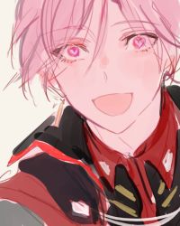 Rule 34 | 1boy, blush, earrings, heart, heart-shaped pupils, jewelry, joshua levinth, kuzuvine, looking at viewer, lord of heroes, pale skin, pink eyes, pink hair, smile, symbol-shaped pupils, white background
