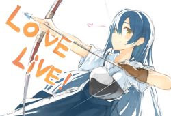 Rule 34 | 1girl, archery, arrow (projectile), blue hair, blue hakama, bow (weapon), commentary request, cowboy shot, drawing bow, gloves, hair between eyes, hajime kaname, hakama, hakama skirt, heart, holding, holding bow (weapon), holding weapon, japanese clothes, kyuudou, long hair, looking at viewer, love live!, love live! school idol festival, love live! school idol project, muneate, partially fingerless gloves, partly fingerless gloves, simple background, single glove, skirt, solo, sonoda umi, text focus, weapon, yellow eyes, yugake