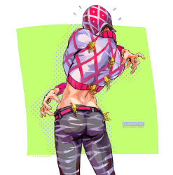 Rule 34 | 1boy, argyle, argyle clothes, argyle sweater, artist name, ass, belt, black hair, black pants, clinging, commentary, cowboy shot, english text, facing away, flying sweatdrops, from behind, green background, guido mista, hat, instagram username, jojo no kimyou na bouken, long sleeves, male focus, midriff, pants, polka dot, purple sweater, red headwear, sex pistols (stand), short hair, stand (jojo), standing, sweater, turtleneck, turtleneck sweater, two-tone background, vento aureo, white background, zzyzzyy