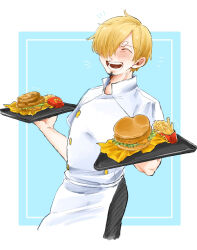 Rule 34 | 1boy, ^ ^, black pants, blonde hair, blush, burger, buttons, cheese, chef, closed eyes, commentary, curly eyebrows, facial hair, food, food wrapper, french fries, highres, holding, holding tray, jacket, kurimaron, lettuce, blue background, long bangs, male focus, mcdonald&#039;s, meat, one eye covered, one piece, open mouth, pants, sanji (one piece), short hair, simple background, smile, solo, stubble, teeth, tray, upper body, white background, white jacket, wrapper