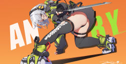 1girl absurdres anby_demara ass black_dress black_panties black_thighhighs character_name dress from_below full_body headphones highres holding holding_sword holding_weapon jacket looking_at_viewer multicolored_clothes multicolored_jacket orange_background orange_eyes panties revision shoes short_hair sword thighhighs underwear upskirt weapon white_footwear white_hair zenless_zone_zero zhishuixy