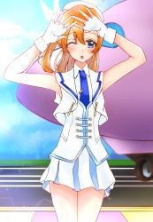 Rule 34 | 1girl, artist name, artist request, bare legs, bare shoulders, blue eyes, blue neckwear, blue sky, blush, bow, collared shirt, earrings, feathers, female focus, fingerless gloves, gloves, hair between eyes, hair bow, hat, highres, jewelry, kosaka honoka, long hair, looking at viewer, love live!, love live! school idol project, one eye closed, orange hair, outdoors, parted lips, pink bow, pleated skirt, raavnya, shirt, side ponytail, skirt, sky, smile, solo, white feathers, white gloves, white hat, white shirt, white skirt, wonderful rush