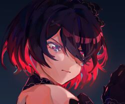 Rule 34 | 1girl, bare shoulders, black flower, c ry o, close-up, closed mouth, crying, crying with eyes open, flower, hair flower, hair ornament, highres, honkai (series), honkai impact 3rd, red eyes, red hair, seele (alter ego), seele vollerei, seele vollerei (stygian nymph), short hair, solo, tears, v-shaped eyebrows