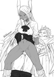 Rule 34 | 1boy, 1girl, alternate costume, bed sheet, boku no hero academia, bow, bowtie, clothes lift, clothes pull, dark skin, girl on top, gloves, hawks (boku no hero academia), hetero, highres, licking lips, long hair, looking down, lying, mirko, monochrome, on back, on bed, pants, pants pull, pussy juice, rabbit girl, reverse cowgirl position, school uniform, sex, sex from behind, shoganight, short hair, skirt, skirt around belly, skirt lift, straddling, testicles, thighs, tongue, tongue out, twitter username, uncensored