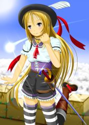 Rule 34 | 1girl, black hat, blonde hair, boots, hat, hat feather, long hair, matachan, original, rapier, ribbon, solo, striped clothes, striped thighhighs, sword, thighhighs, very long hair, weapon