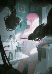 Rule 34 | 1girl, absurdres, ahoge, bathroom, blue eyes, bottle, brushing teeth, check copyright, copyright request, cup, door, electric fan, female focus, hands up, highres, indoors, long hair, mechanical arms, nightgown, original, pink hair, reoen, sink, solo, toothbrush, top-load washing machine, tube, washing machine