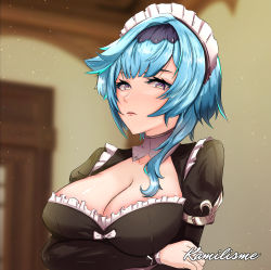 Rule 34 | 1girl, 3d background, absurdres, alternate costume, blue hair, blurry, breasts, cleavage, collarbone, commentary, depth of field, detached collar, english commentary, enmaided, eula (genshin impact), genshin impact, grey eyes, hair between eyes, highres, kamilisme, long hair, long sleeves, looking at viewer, maid, maid headdress, sidelocks, solo