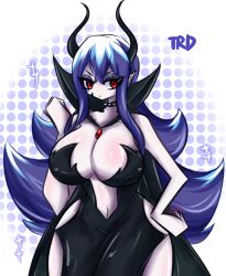 Rule 34 | 1girl, black dress, breasts, cleavage, collar, demon horns, dress, eyeshadow, high collar, highres, horns, huge breasts, inner sideboob, long hair, looking at viewer, makeup, navel, original, pale skin, purple hair, red eyes, red nails, revealing clothes, satana (togetoge), spiked collar, spikes, thick thighs, thighs, trd-yo, wide hips