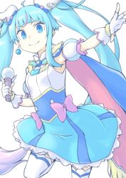 Rule 34 | 1girl, ahoge, akara kai, arm up, blue eyes, blue hair, blue skirt, bow, breasts, cure sky, detached sleeves, dress, earrings, fingerless gloves, gloves, highres, hirogaru sky! precure, holding, jewelry, long hair, looking at viewer, magical girl, miniskirt, pink bow, precure, short sleeves, simple background, skirt, small breasts, sora harewataru, thighhighs, twintails, white thighhighs, wing hair ornament