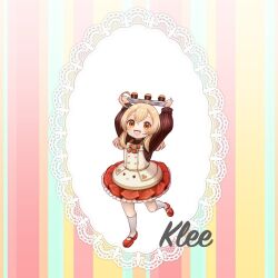 Rule 34 | 1girl, :d, ahoge, alternate costume, arms up, character name, child, commentary request, cupcake, food, full body, genshin impact, hair between eyes, holding, klee (genshin impact), light brown hair, lolita fashion, long hair, long sleeves, looking at viewer, low twintails, nichio rita, open mouth, orange eyes, sidelocks, simple background, smile, solo, standing, standing on one leg, tray, twintails, valentine