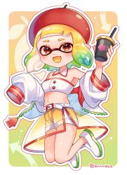 Rule 34 | 1girl, :d, apple, bare shoulders, belt, belt buckle, blonde hair, blue hair, buckle, colored tongue, cup, detached collar, drinking straw, food, fruit, fruit hat, full body, gradient hair, green hair, hand up, hat, highres, holding, holding cup, inkling, inkling girl, inkling player character, legs up, long sleeves, multicolored hair, navel, nintendo, open mouth, outline, red eyes, red hat, see-through, shina shina, shoes, short hair, shorts, sleeves past fingers, sleeves past wrists, smile, solo, splatoon (series), strapless, suction cups, tentacle hair, tube top, twitter username, white belt, white footwear, white outline, white shorts, white tube top, yellow tongue, zipper