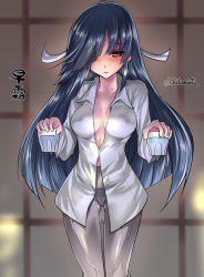 Rule 34 | 10s, 1girl, bad id, bad pixiv id, black hair, blush, breasts, cleavage, covered erect nipples, cup, female focus, grey pantyhose, hair over one eye, hair ribbon, hayashimo (kancolle), hickey, kantai collection, large breasts, long hair, looking at viewer, no pants, panties, panties under pantyhose, pantyhose, red eyes, ribbon, solo, tokita monta, underwear, very long hair