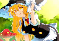Rule 34 | 1girl, apron, arm up, back bow, black dress, black hat, blonde hair, blush, bow, braid, bush, buttons, commentary request, dress, food, frills, gradient background, green background, hair between eyes, hair bow, hand on headwear, hand up, hat, hat bow, highres, kirisame marisa, leaf, long hair, looking at viewer, mushroom, open mouth, outdoors, puffy short sleeves, puffy sleeves, qqqrinkappp, red bow, shirt, short sleeves, single braid, smile, solo, standing, star (symbol), touhou, traditional media, white apron, white bow, white shirt, witch hat, yellow eyes