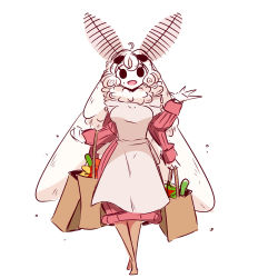 Rule 34 | 1girl, :d, antennae, apron, arthropod girl, bag, chibi, commentary, dress, english commentary, extra arms, full body, fur collar, grocery bag, highres, insect girl, insect wings, long hair, long sleeves, looking at viewer, mole, monster girl, moth girl, moth wings, murgoten, open mouth, original, pink dress, pink sweater, ribbed sweater, shopping bag, simple background, sketch, smile, solid circle eyes, solo, sweater, sweater dress, waving, white apron, white background, white hair, wings