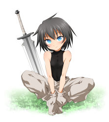 Rule 34 | 1girl, bare shoulders, black hair, blue eyes, boots, breasts, closed mouth, covered collarbone, covered erect nipples, covered navel, feet together, female focus, full body, funnyari, grass, hands on feet, looking at viewer, on grass, original, outdoors, pants, short hair, sitting, sleeveless, small breasts, smile, solo, sword, weapon