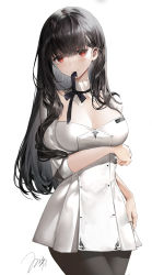 Rule 34 | 1girl, absurdres, arm under breasts, black hair, black pantyhose, black ribbon, blush, breasts, cleavage, closed mouth, commentary, cowboy shot, detached sleeves, dress, english commentary, haori io, highres, large breasts, long hair, long sleeves, looking at viewer, mouth hold, neck ribbon, original, pantyhose, red eyes, ribbon, signature, simple background, smile, solo, strapless, strapless dress, white background, white dress