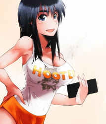 Rule 34 | 00s, 1girl, black eyes, black hair, breasts, cleavage, clothes writing, cosaten, employee uniform, highres, hooters, impossible clothes, impossible shirt, large breasts, no legwear, product placement, school rumble, shirt, short shorts, shorts, solo, suou mikoto (school rumble), uniform