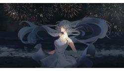 Rule 34 | 1girl, absurdres, alternate costume, arknights, beach, breasts, commentary, cowboy shot, dress, fireworks, floating hair, grey dress, hair between eyes, highres, holding sparkler, jinfeng0430, long hair, looking at viewer, medium breasts, night, night sky, ocean, off-shoulder dress, off shoulder, open mouth, outdoors, pleated dress, red eyes, silver hair, skadi (arknights), sky, sleeveless, sleeveless dress, smile, solo, spaghetti strap, sparkler, symbol-only commentary, very long hair