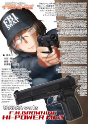 Rule 34 | 1girl, airsoft review illustrated, baseball cap, black hair, breasts, brown eyes, browning arms company, browning hi-power, browning hi-power mark iii, didloaded, fbi, fn herstal, glasses, gun, handgun, hat, information sheet, iron sights, japanese text, john inglis and company, law enforcement, original, pistol, police, safety glasses, sidearm, swat, tanaka works, text focus, toy gun, translation request, weapon, weapon focus, weapon profile