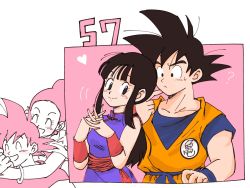 Rule 34 | 1boy, 1girl, :&lt;, ?, ^ ^, arms around neck, bare arms, bare shoulders, black eyes, black hair, blue dress, blunt bangs, blush, bracelet, chi-chi (dragon ball), china dress, chinese clothes, closed eyes, closed mouth, clothes writing, collarbone, confused, couple, dougi, dragon ball, dragon ball (classic), dragonball z, dress, earrings, eyelashes, finger to cheek, frown, hair bun, happy, heart, hetero, highres, hug, hug from behind, interlocked fingers, jewelry, laughing, leaning, leaning back, looking at another, looking back, motion lines, nervous, open mouth, own hands together, ponytail, sidelocks, single hair bun, sleeveless, sleeveless dress, smile, son goku, sora (happygreencandy), spiked hair, sweatdrop, wristband