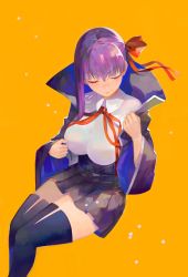 absurdres bb_(fate) bb_(fate/extra) black_skirt black_thighhighs breasts cape closed_eyes collared_shirt fate/grand_order fate_(series) feet_out_of_frame highres invisible_chair large_breasts long_hair long_sleeves orange_background petals pleated_skirt purple_hair red_neckwear shirt simple_background sitting skirt smile solo thighhighs ugusu24 white_shirt wide_sleeves zettai_ryouiki