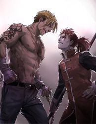 Rule 34 | 2boys, abs, bandaged hand, bandages, belt, beowulf (fate), blonde hair, blue pants, chain, changpao, chinese clothes, clenched teeth, collar, collarbone, denim, eyeshadow, fate/grand order, fate (series), gradient background, grey background, hand on own hip, high ponytail, holding, holding staff, jeans, li shuwen (fate), li shuwen (fate/grand order), li shuwen (young) (fate), long hair, long sleeves, looking at another, looking up, makeup, male focus, manly, multiple boys, muscular, navel, nipples, open mouth, pants, red eyes, red eyeshadow, red hair, rott ur, scar, short hair, simple background, spiked hair, staff, standing, tattoo, teeth, topless male