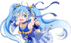 Rule 34 | 1girl, ahoge, bare shoulders, beamed eighth notes, blue dress, blue eyes, blue gloves, blue hair, blue ribbon, blue sleeves, blush, collarbone, commentary, conductor baton, derivative work, detached sleeves, djakarta, dress, eighth note, fingerless gloves, frilled dress, frills, gloves, gradient hair, hair ornament, hair ribbon, hairclip, hatsune miku, holding, holding wand, kanzaki hiro (style), leaning forward, multicolored hair, musical note, musical note print, one eye closed, open mouth, outstretched arm, quarter note, ribbon, shoulder blush, smile, snowflake print, solo, star (symbol), star hair ornament, striped ribbon, twintails, upper body, vocaloid, wand, white background, yuki miku, yuki miku (2017)